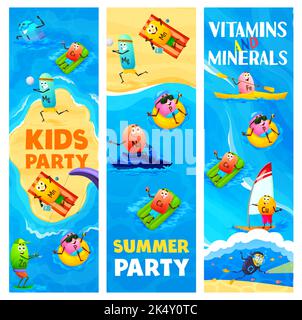 Personnages de vitamines et de minéraux de dessin animé sur les vacances à la plage, bannières vectorielles. Micronutriments pendant les vacances d'été en mer, baignade à l'iode, pillule de fer sur le kayak et natrium avec potassium sur scooter de jet ski Illustration de Vecteur