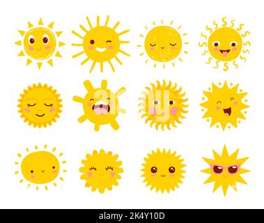 Personnages de soleil mignons de dessin animé. Dessiné à la main souriant heureux, riant et entortillant soleil joyeux personnages avec des rayons ondulés, pointillées et pointus. Climat chaud, temps ensoleillé et chaud été isolé icônes de vecteur Illustration de Vecteur