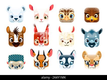 Dessins animés kawaii carrés des visages animaux, émoticônes et sourires, icônes vectorielles. Les adorables animaux kawaii sont des émotiji d'ours, de tortue, d'aigle et de bébé cerf avec écureuil, loup ou âne et agneau lama ou mouton Illustration de Vecteur