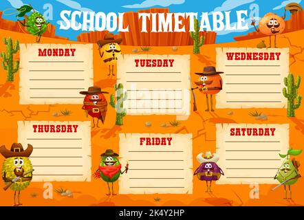 Calendrier scolaire. Personnages WESTERN de cow-boy de dessin animé, bandit et de fruits de ranch. Un planificateur de leçons pour enfants ou un horaire de semaine avec un drôle de cowboy melon et lychee, durien, kiwi, figue et goyave, pamplemousse Illustration de Vecteur