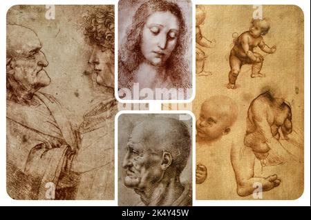 Quelques dessins représentant des gens ordinaires, par le brillant peintre, sculpteur et scientifique, Leonardo Da Vinci. (3) Banque D'Images