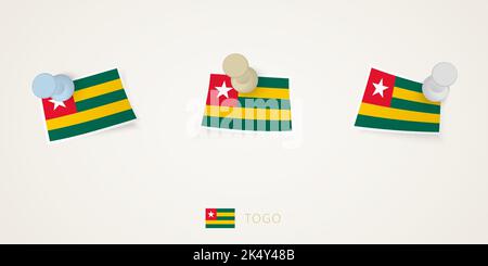 Drapeau punaisé du Togo de différentes formes avec des coins torsadés. Vue de dessus des punaises vectorielles. Drapeau défini. Illustration de Vecteur