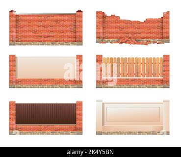 Ensemble de clôture. Brique et bois. Nouveau et détruit ancien. Isolé sur fond blanc vecteur. Illustration de Vecteur