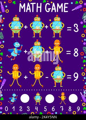 Feuille de calcul de jeu mathématique. Robot de dessin animé et personnages droïdes, puzzle de comptage de vecteur de l'activité d'éducation des enfants. Exercices d'addition et de soustraction avec des personnages robot mignons, des tournevis et un cadre de boulons Illustration de Vecteur