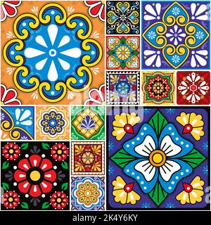 Collection de carreaux en céramique style mexicain talavera à motif vectoriel sans couture avec différentes tailles de carreaux, motifs traditionnels colorés avec motif floral Illustration de Vecteur