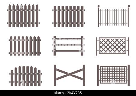 Des silhouettes de clôtures rurales en bois sont disposées pour le parc, la ferme de cour et le jardin. Illustration vectorielle Illustration de Vecteur