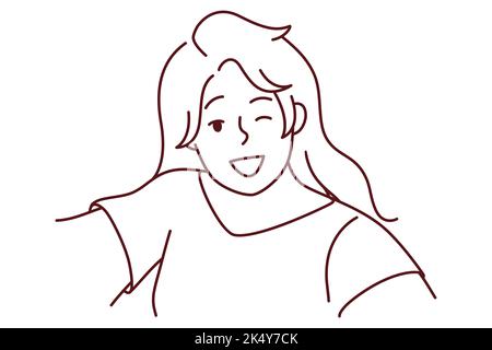 Une jeune femme souriante fait du selfie sur l'appareil photo. Bonne fille ont plaisir prendre l'auto-portrait photo sur le téléphone portable. Illustration vectorielle. Illustration de Vecteur