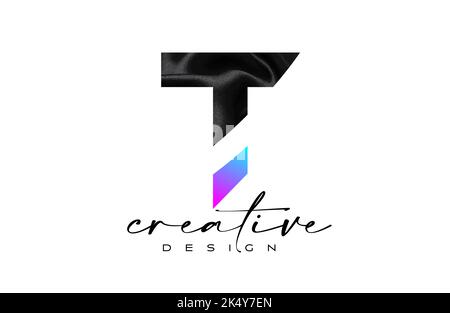 Logo Black Silk Letter T avec texture textile et vecteur de création. Élégant logo lettre T en toile de soie noire Illustration Illustration de Vecteur