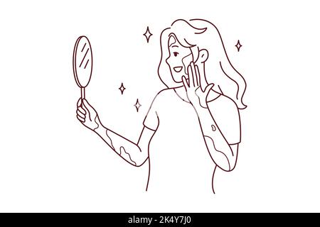 Femme souriante avec le regard de vitiligo dans le miroir sentiment du corps positif. Bonne fille avec la maladie de peau se sentir satisfait et optimiste. Soins de la peau et dermatologie. Illustration vectorielle. Illustration de Vecteur