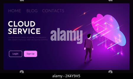 L'homme se trouve devant le symbole des services cloud. Concept de Cloud computing. Illustration vectorielle Illustration de Vecteur