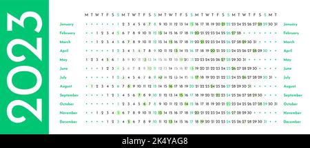 Modèle de calendrier linéaire vert et gris 2023 avec phases de lune Illustration de Vecteur