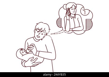 Jeune père nourrir bébé bébé parler avec une femme travaillant au bureau au téléphone. Le papa qui s'occupe d'un enfant entre les mains a un appel avec une femme d'affaires maman. Illustration vectorielle. Illustration de Vecteur