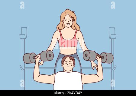 L'entraîneur féminin aide l'entraînement de client masculin dans la salle de gym. Une femme athlète ou entraîneur s'entraîne avec un client avec des cloches dans le centre sportif. Illustration vectorielle. Illustration de Vecteur