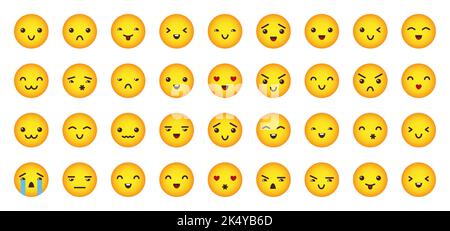 Ensemble d'icônes visages émoji jaunes. Joyeux, triste, heureux lol, les yeux d'amour sourire, en colère, émoticônes gaies. Icônes d'avatar de cercle d'émoticône de dessin animé avec différentes émotions drôles. Expressions de visage émotionnelles mignons Illustration de Vecteur