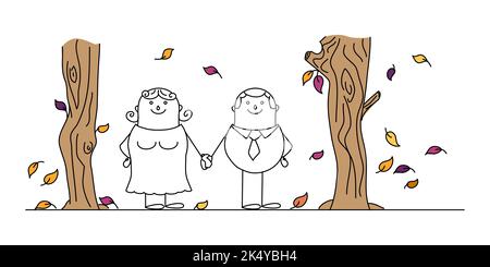 Dessin main de dessin de jeune couple sur une date. Tenir la main à pied dans le parc d'automne. Illustration de Vecteur