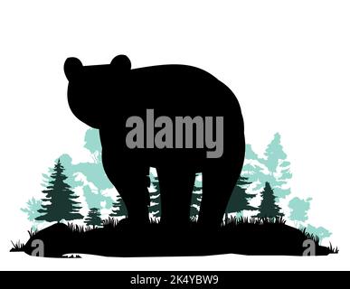 Ours adulte. Animaux sauvages. Silhouette. Glade dans la taïga de forêt de conifères du nord. Isolé sur fond blanc. Vecteur. Illustration de Vecteur