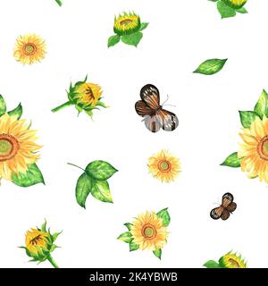 Aquarelle peinte à la main, motif floral de fleurs et de feuilles de jardin. Tournesols, feuilles et papillons. Peut être utilisé pour le priage sur les produits en papier de la Banque D'Images