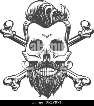 Tatouage de crâne avec barbe et os croisés isolés sur blanc. Illustration vectorielle. Illustration de Vecteur