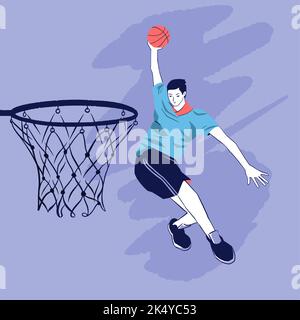 Homme jouant au basket-ball, illustration vectorielle de style plat minimaliste, filet de basket-ball, ballon de basket-ball, vêtements de sport Illustration de Vecteur