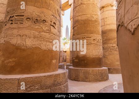 Karnak, Louxor, Égypte. Obélisque de la reine Hatshepsout à travers les colonnes du grand hall Hypostyle du complexe du temple de Karnak à Louxor. Banque D'Images