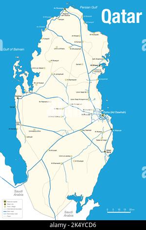 Carte du Qatar avec l'emplacement des principales villes et des voies de communication en bleu et blanc. Image vectorielle Illustration de Vecteur