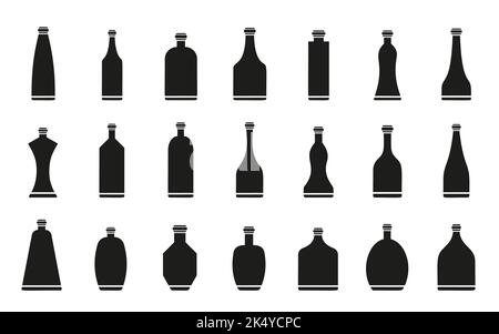 Jeu d'icônes de glyphe noir de flacon. Restaurant pub bar alcool boisson verre flacon collection de pictogrammes. Vodka whisky soda bière eau eau eau-vie bocal isolé sur blanc simple symbole plat pour la gravure de timbre Illustration de Vecteur