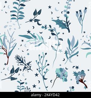 Motifs sans couture avec fleurs d'hiver, baies bleues, fleurs, feuilles et étoiles. Motif hiver magique. Illustration vectorielle. Illustration de Vecteur