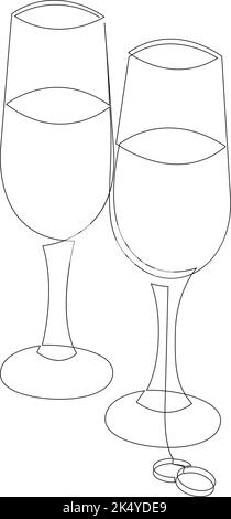 Dessin continu de deux verres avec champagne et anneaux de mariage. Style de dessin minimaliste à une ligne. Illustration de Vecteur