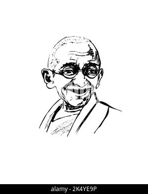 Mohandas Karamchand Gandhi doodle. Image de Mahatma souriant dessinée à la main. Leader mondial du mouvement pour l'indépendance contre la domination britannique en Inde Illustration de Vecteur