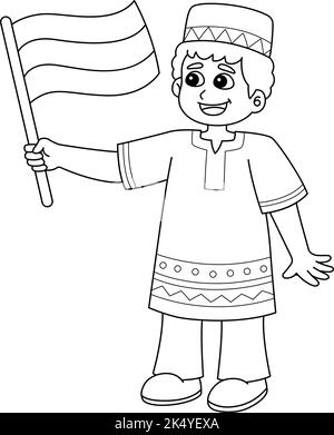 Kwanzaa Boy tenant une page de coloriage isolée drapeau Illustration de Vecteur