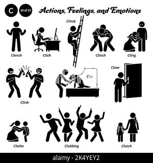 Figure de bâton humain personnes homme action, sentiments, et émotions icônes commençant par l'alphabet C. Clench, cliquer, grimper, clin, s'accrocher, clink, clip, fermer, Illustration de Vecteur