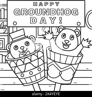 Page de coloriage pour enfants Happy Groundhog Day Illustration de Vecteur