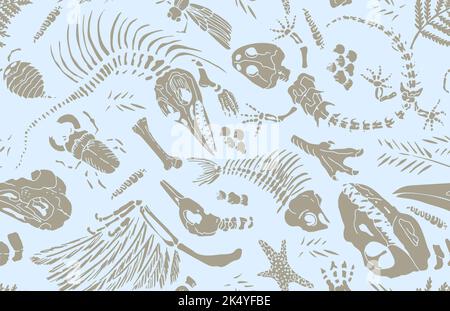 Le pochoir isolé imprime des squelettes d'animaux, d'insectes et de plantes préhistoriques. Motif sans couture dessin réaliste à la main illustration vectorielle Illustration de Vecteur