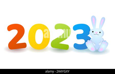 Illustration Vector New Year 2023 avec un lapin et un nombre. Typographie pour cartes de vœux, affiches, icônes et logos. Illustration de Vecteur