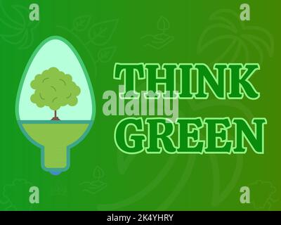 Citation motivationnelle inspirante Think Green, sur fond vert abstrait. Illustration de Vecteur