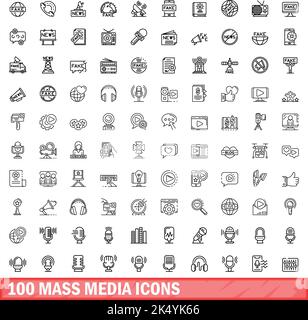 100 icônes de média de masse définies.Illustration du contour de 100 icônes de média de masse ensemble de vecteurs isolés sur fond blanc Illustration de Vecteur
