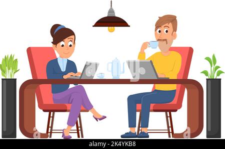 Homme et femme travaillant sur un ordinateur portable dans un café. Un couple boit du café Illustration de Vecteur