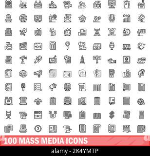 100 icônes de média de masse définies.Illustration du contour de 100 icônes de média de masse ensemble de vecteurs isolés sur fond blanc Illustration de Vecteur