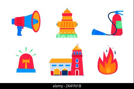 Feu de feu et extinction - jeu d'objets de style plat Illustration de Vecteur