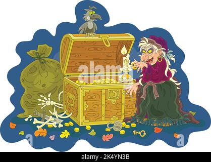 Sorcière en colère avec une bougie qui s'enflamme pour vérifier la sécurité de ses trésors inestimables et de ses pièces d'or dans une vieille poitrine en bois lors d'une nuit sombre et terrible Illustration de Vecteur