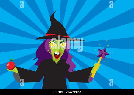 Sorcière verte sinistre avec cheveux pourpres et pomme rouge dans une main et vent magique dans une autre. Illustration de Vecteur