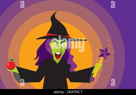 Sorcière verte sinistre avec cheveux pourpres et pomme rouge dans une main et vent magique dans une autre. Illustration de Vecteur