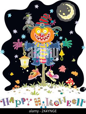 Bonne carte d'Halloween d'un drôle de fracas avec une citrouille et un corbeau perché sur son chapeau de sorcière lors d'une nuit de vacances au clair de lune Illustration de Vecteur