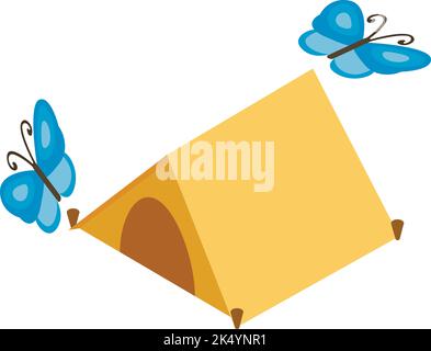 Icône Camping vecteur isométrique. Tente touristique jaune ouverte et papillon volant. Camping sauvage, écotourisme, loisirs de plein air Illustration de Vecteur