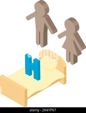 Vecteur isométrique de l'icône de service d'hôtel. Lettre h sur le lit et icône couple personnes. Hôtel, auberge, lieu pour un séjour d'une nuit Illustration de Vecteur