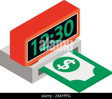 Vecteur isométrique de l'icône Money Time. Horloge électronique moderne et icône de facture de dollar. Temps, finances, argent, revenu Illustration de Vecteur