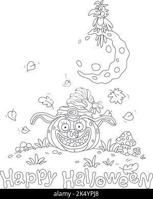 Carte d'Halloween avec une citrouille souriante dans un chapeau de sorcière et un corbeau perché sur la Lune lors d'une nuit de vacances sombre Illustration de Vecteur
