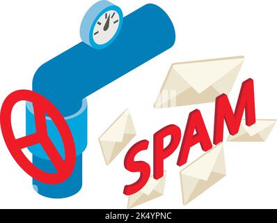 Vecteur isométrique de l'icône d'attaque de spam. Icône enveloppe de courrier blanche fermée et tube de pièce. Info poubelle et spam concept Illustration de Vecteur