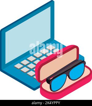 Vecteur isométrique icône de soins de la vue. Lunettes d'ordinateur en étui et icône d'ordinateur portable ouverte. Accessoire optique, concept d'ophtalmologie, soins de santé Illustration de Vecteur