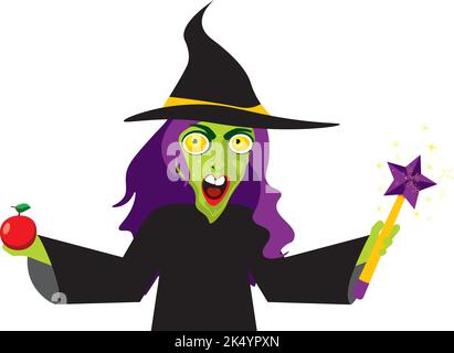 Sorcière verte sinistre avec cheveux pourpres et pomme rouge dans une main et vent magique dans une autre. Illustration de Vecteur